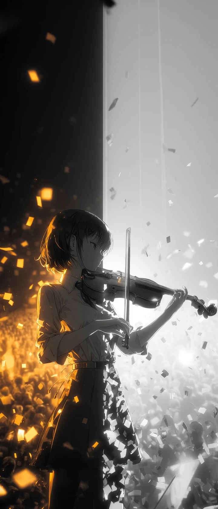 Anime violinist holding a final glowing note in split hall
