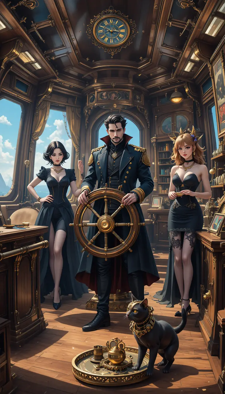 Steampunk airship bridge with captain crew and brass automaton