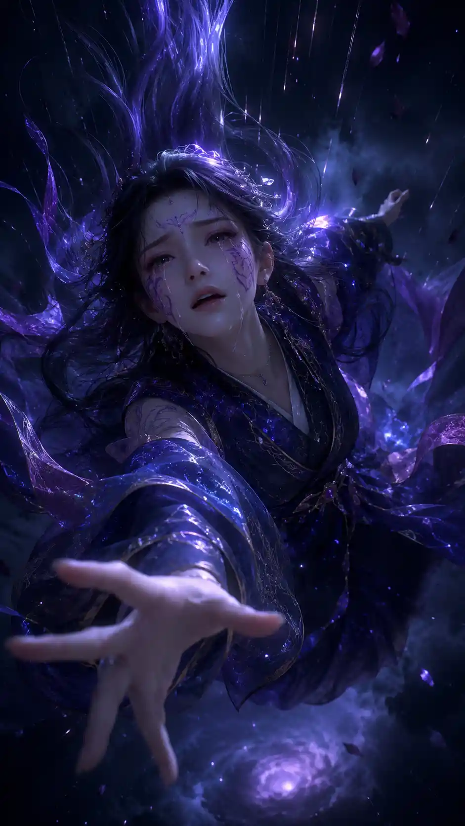 Crying 3D anime woman glowing softly in the darkness