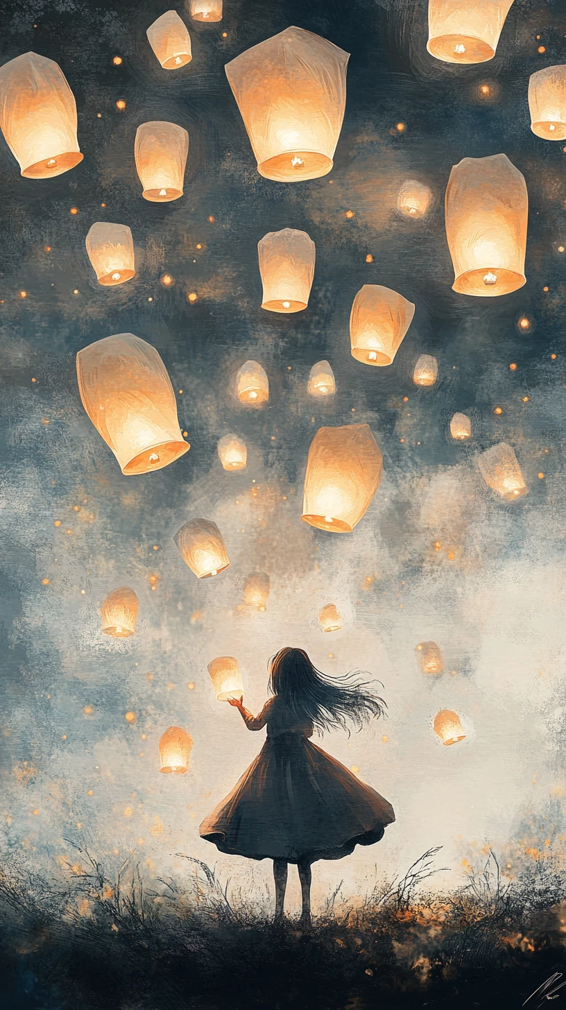 Girl lighting drifting lanterns into a dreamy foggy sky