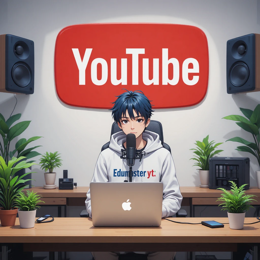 Anime boy recording at computer desk with microphone