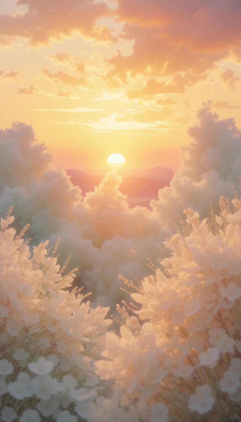Serene glowing floral scene in soft pastel sunset colors