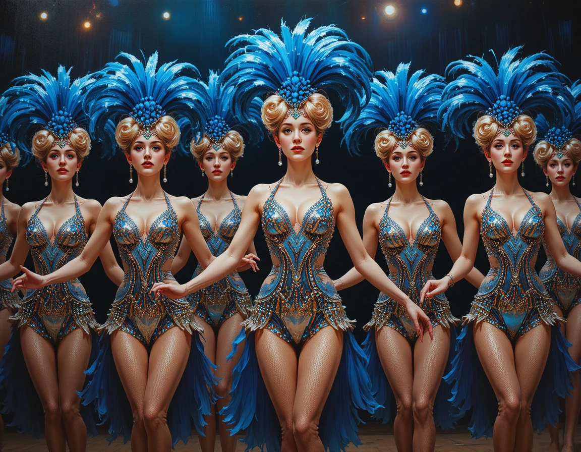 Ballerine di cabaret con costumi da palco blu e argento con piume