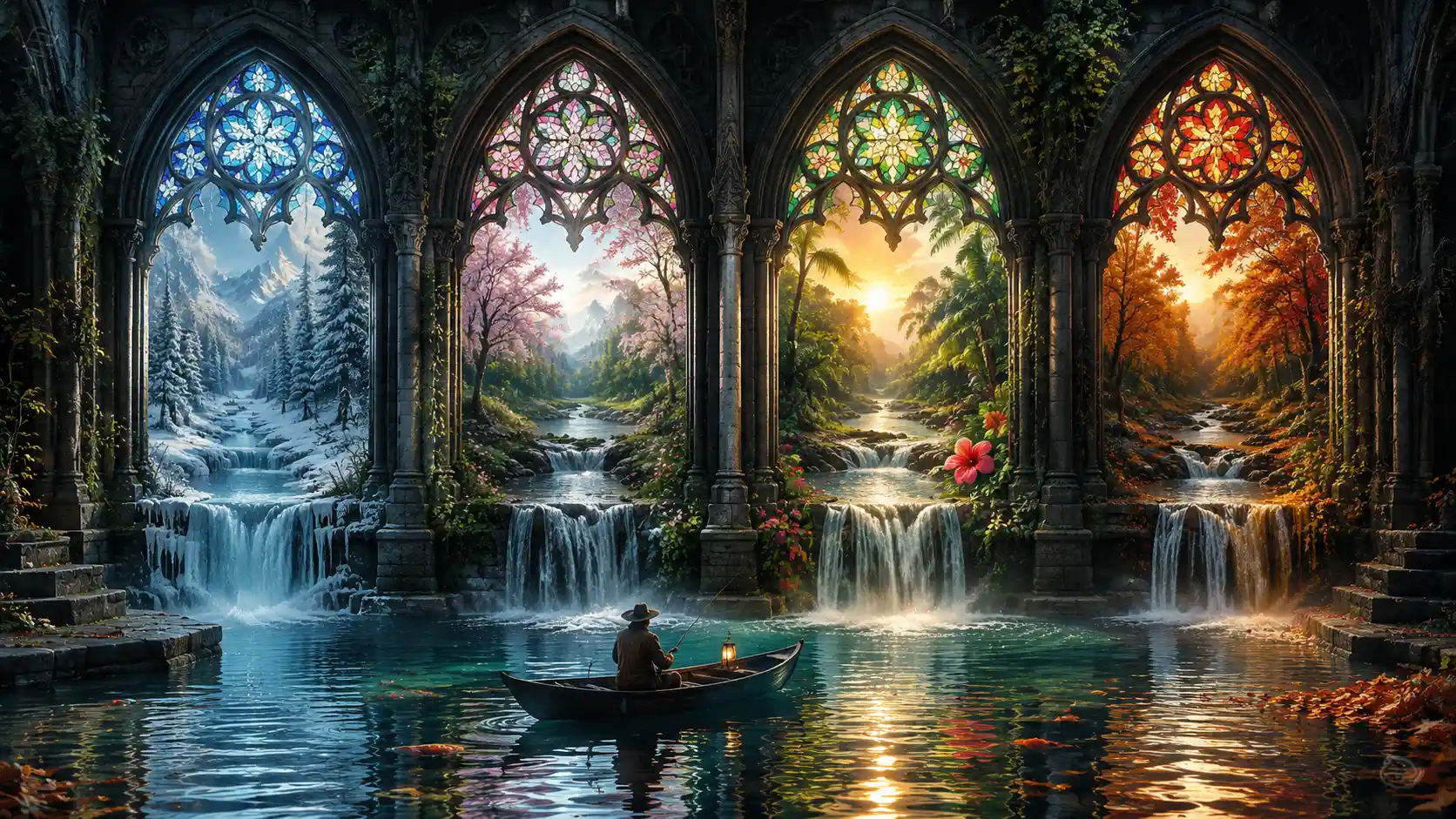 Surreal Gothic Windows Pouring Seasonal Rivers Into A Street Lake