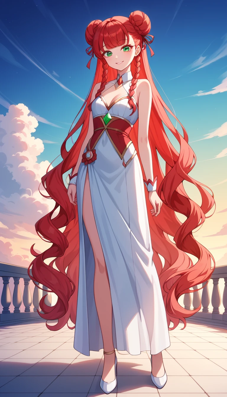 Red haired anime girl at sunrise in a wide outdoor view