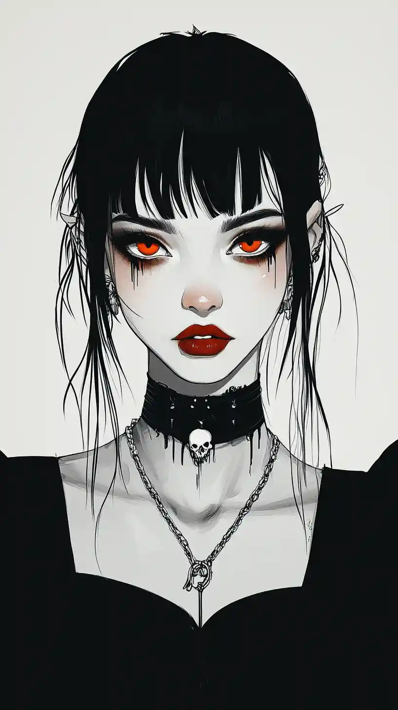 Vampiric emo girl close up with sharp fanged smile