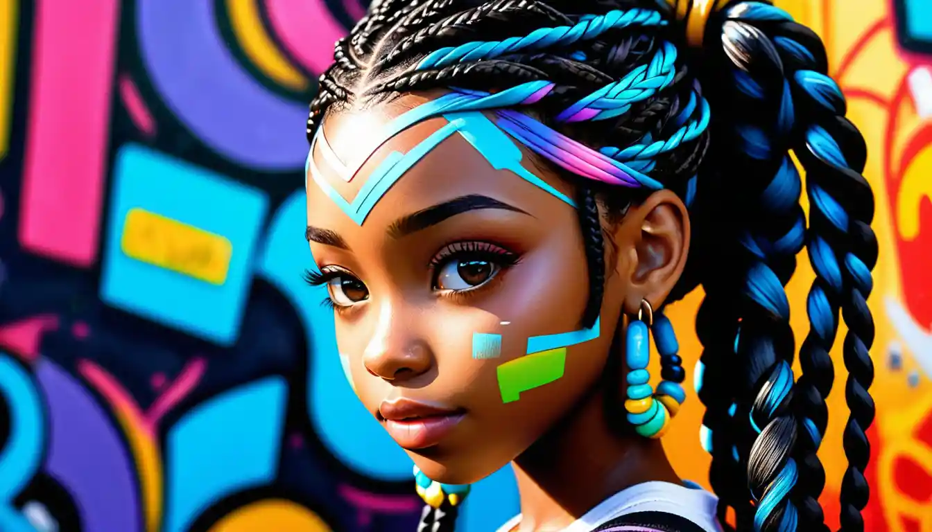 Anime girl with long box braids in vibrant graffiti backdrop