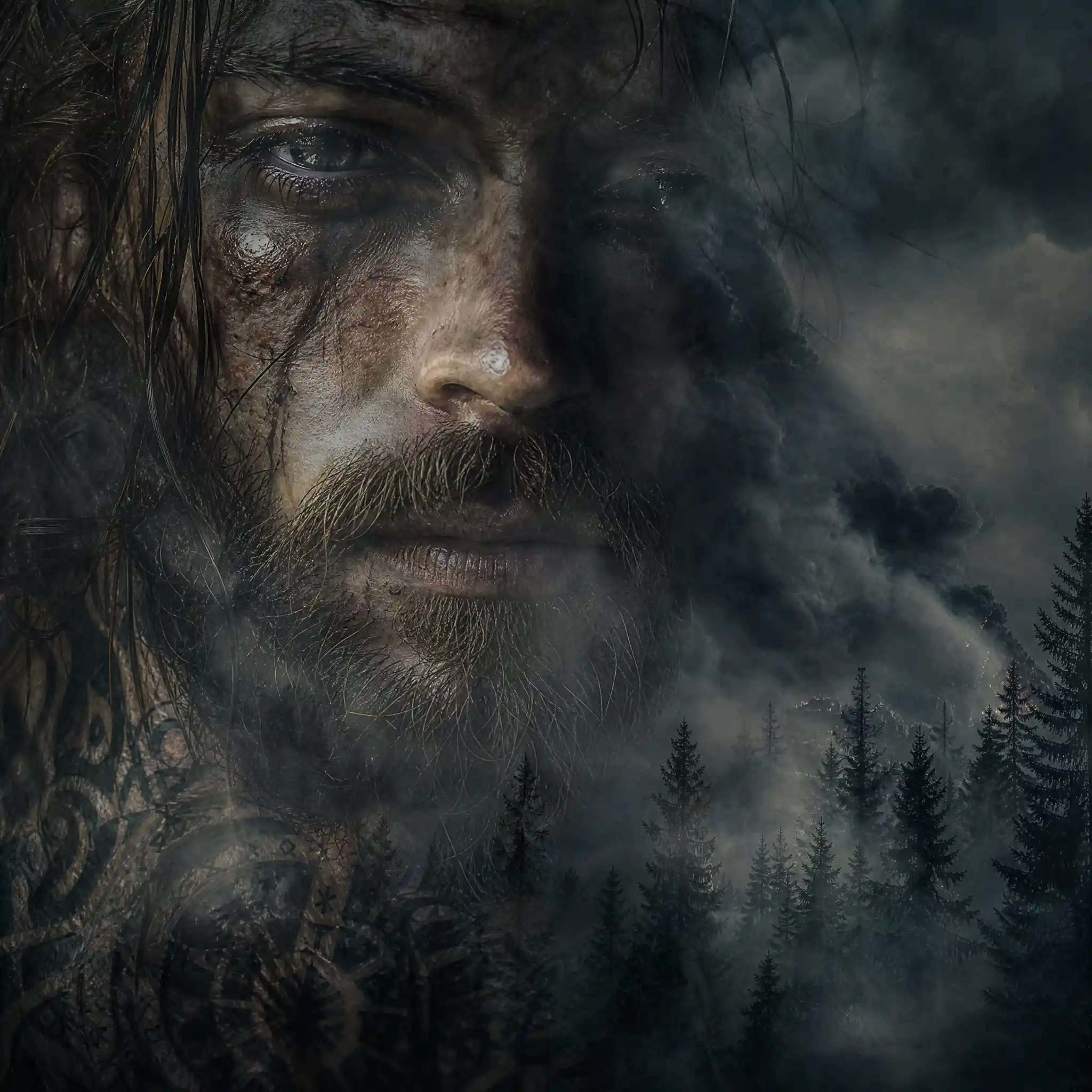 Melancholic close up portrait in smoke and dark forest