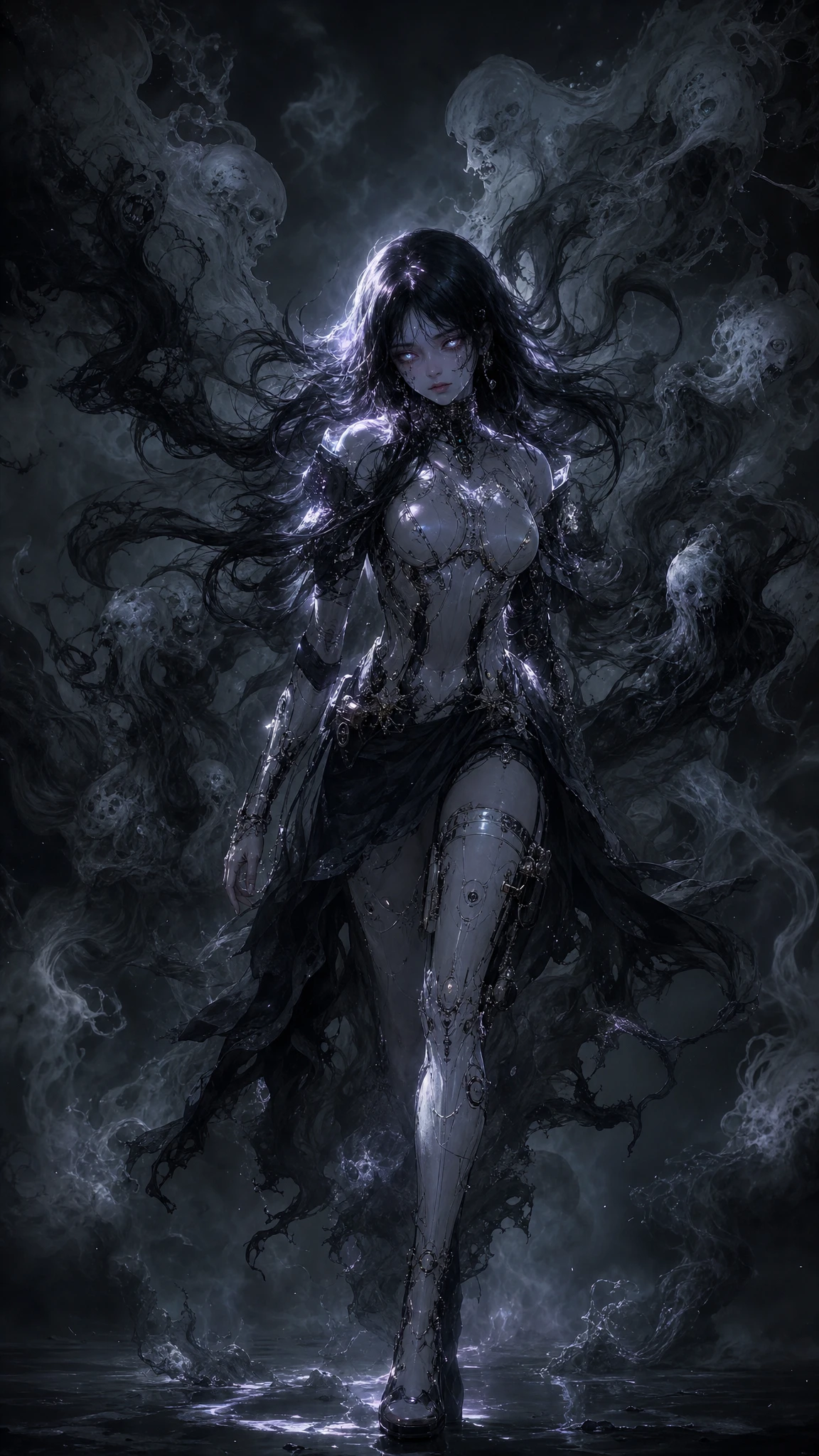 Dark armored beauty walking through swirling ghostly smoke