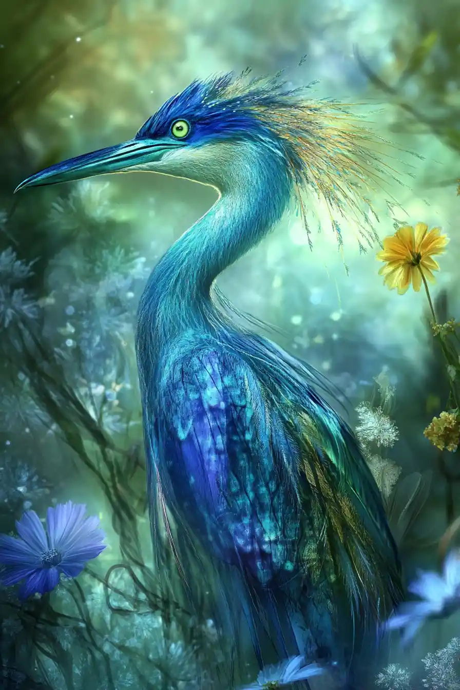 Magic swirling over golden meadow with shining birds