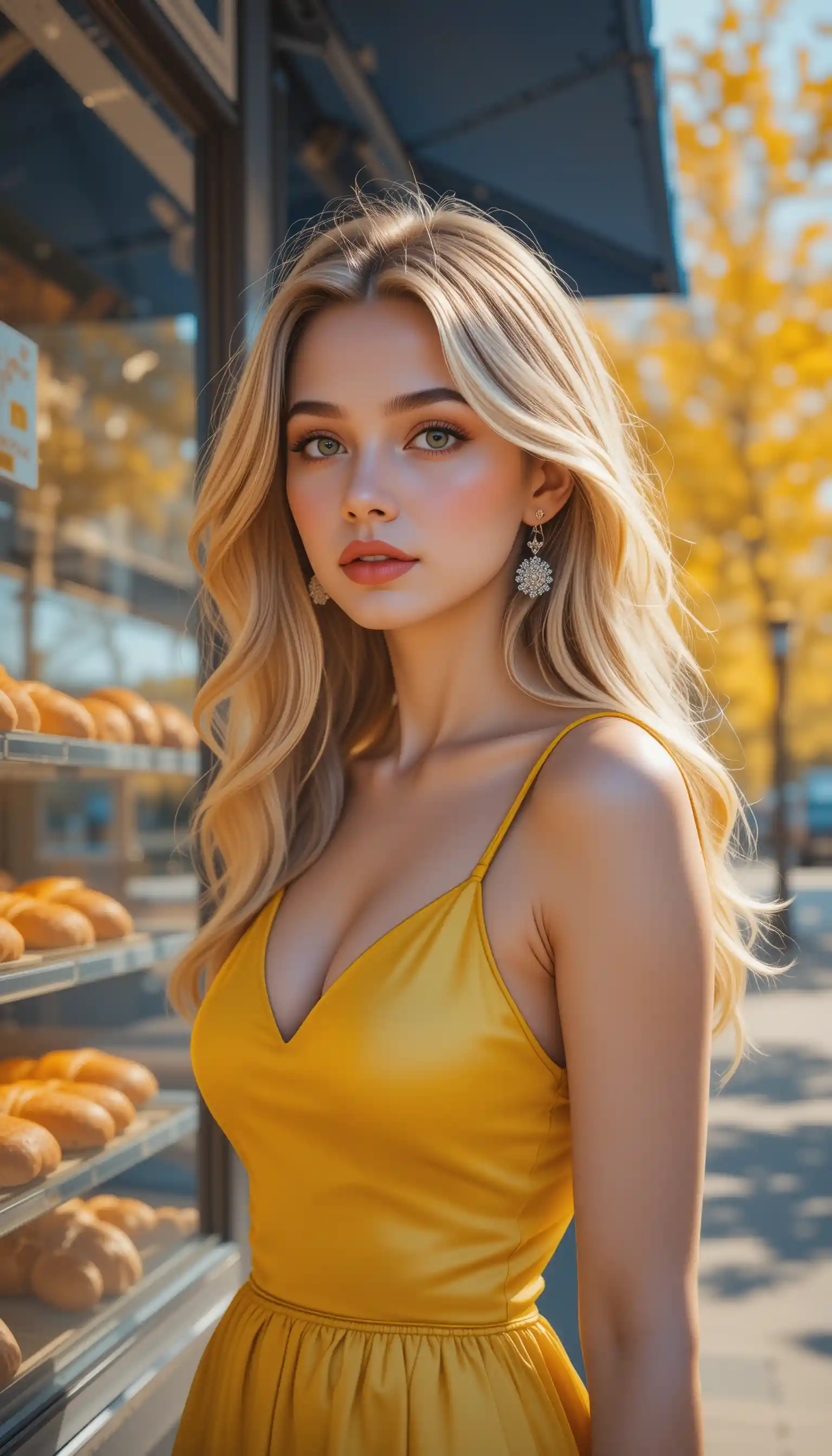 Young woman in yellow dress by bakery display at sunset