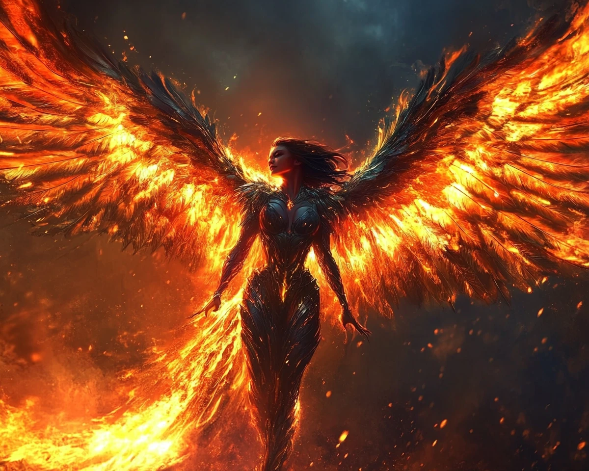 Dark angel woman with fiery wings in mid flight