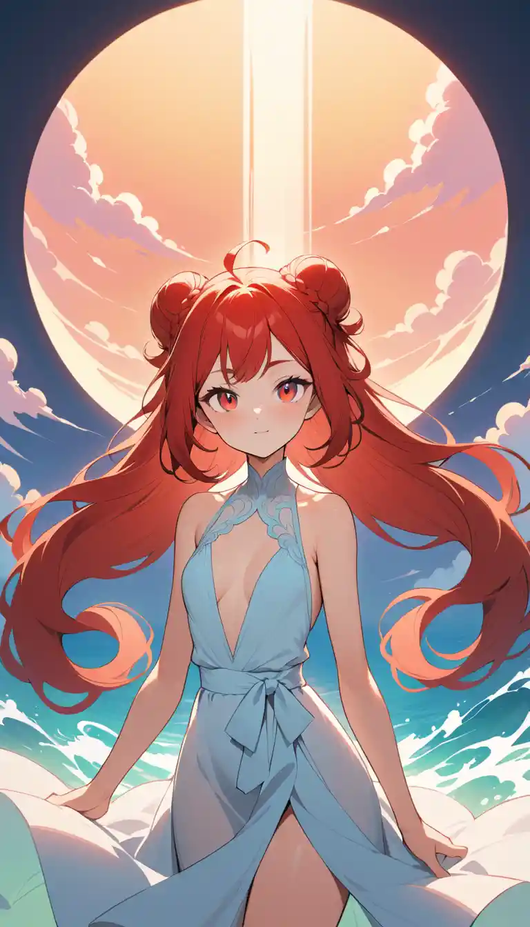 Anime girl standing outdoors at sunrise under a clear sky