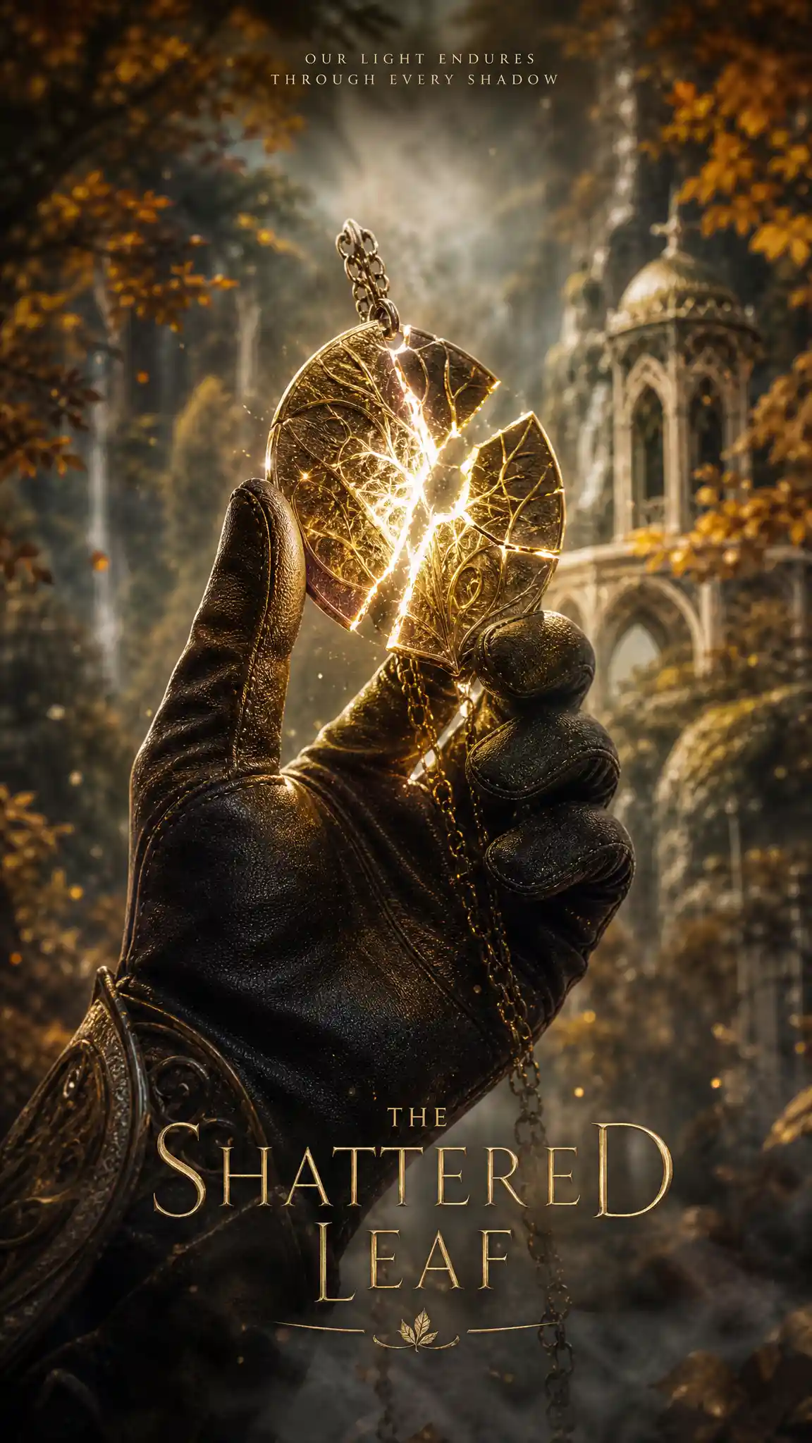 Gloved hand raising a glowing broken amulet in misty forest