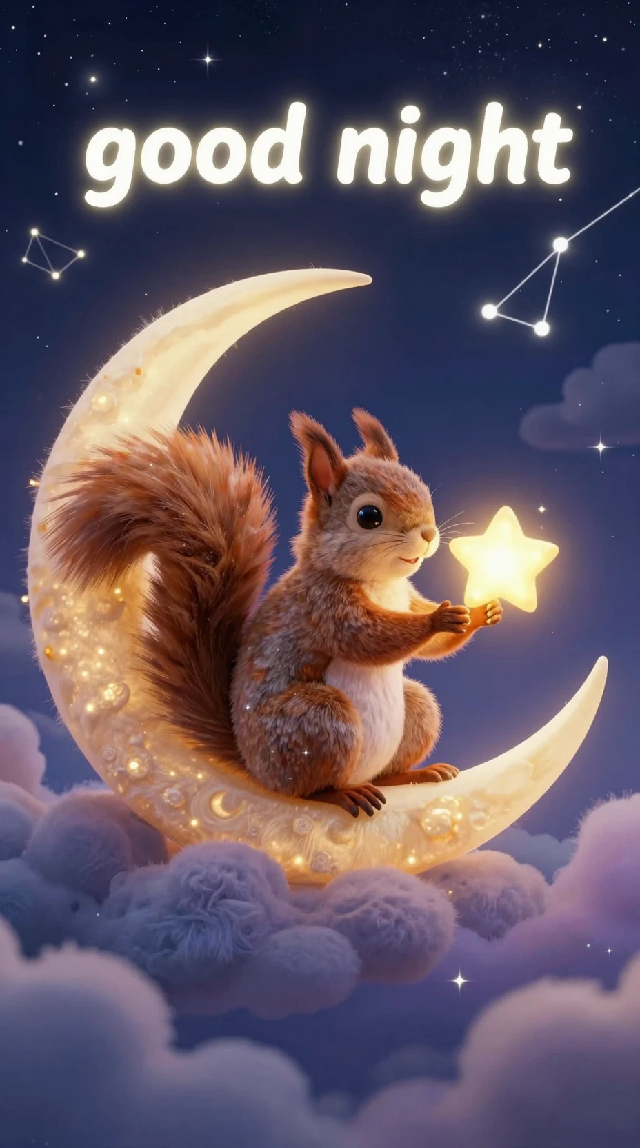 Whimsical Squirrel On Crescent Moon Holding A Glowing Star