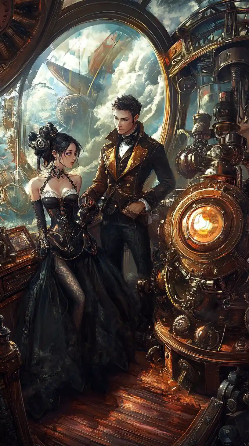 Steampunk airship bridge with anime captain and crew