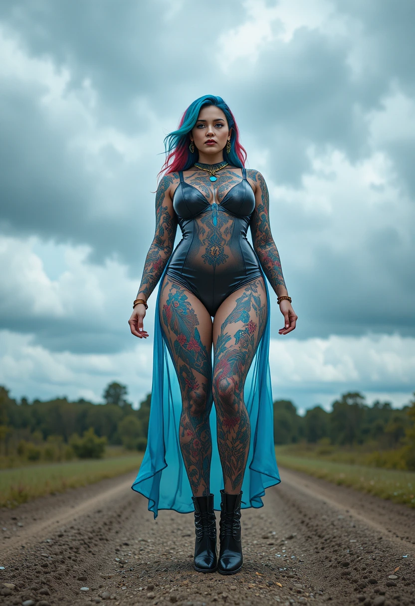 Donna tatuata con abito in lattice trasparente sotto cielo nuvoloso