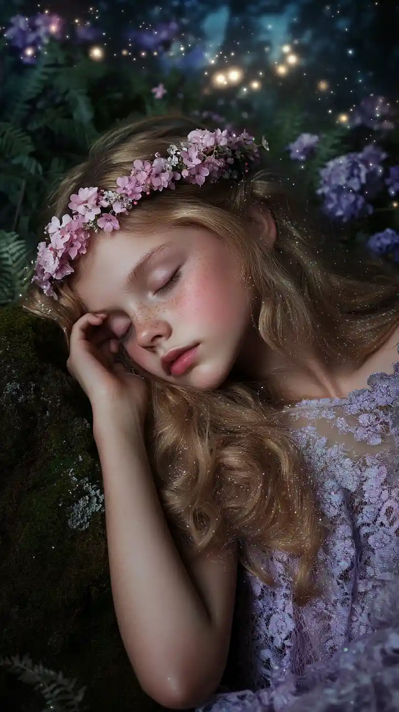 Sleeping girl with flower crown on mossy forest rock
