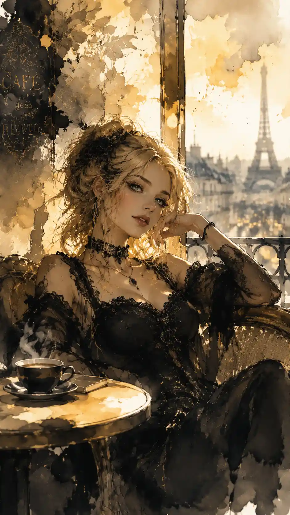 Blonde gothic girl relaxing in a cozy parisian cafe