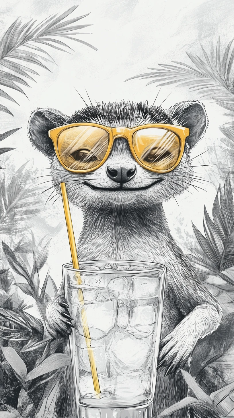 Smiling Meerkat In Sunglasses In A Summer Garden Sketch