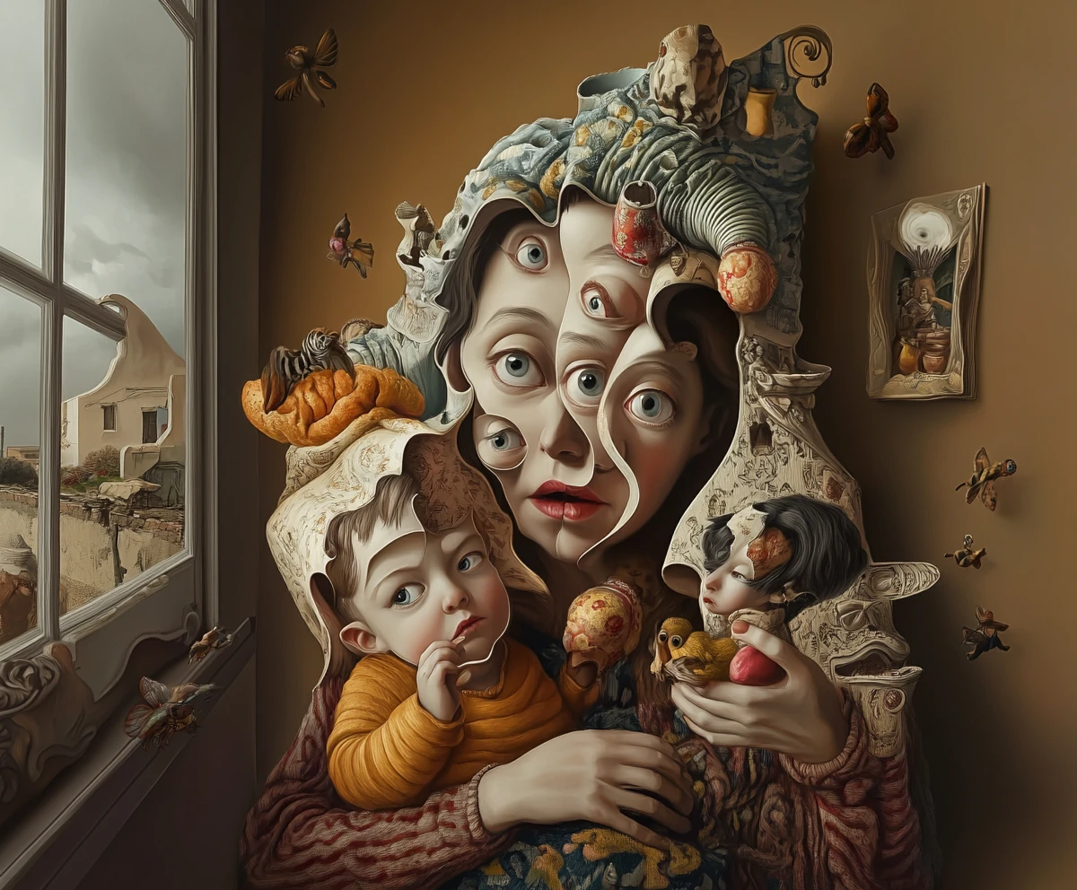 Surreal illusion of a mother and child in shifting forms