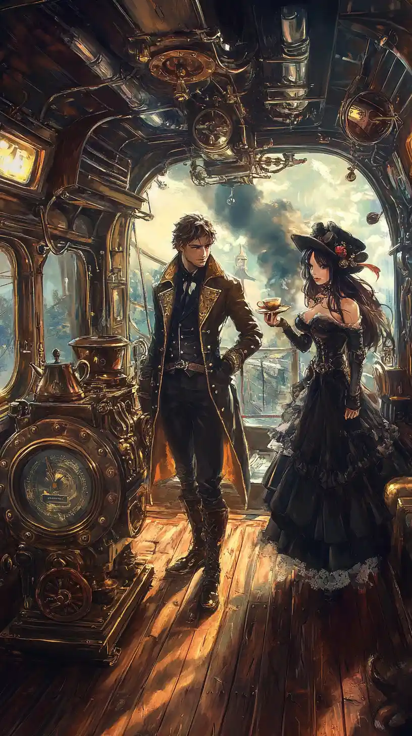 Steampunk airship bridge with captain and crew in anime style