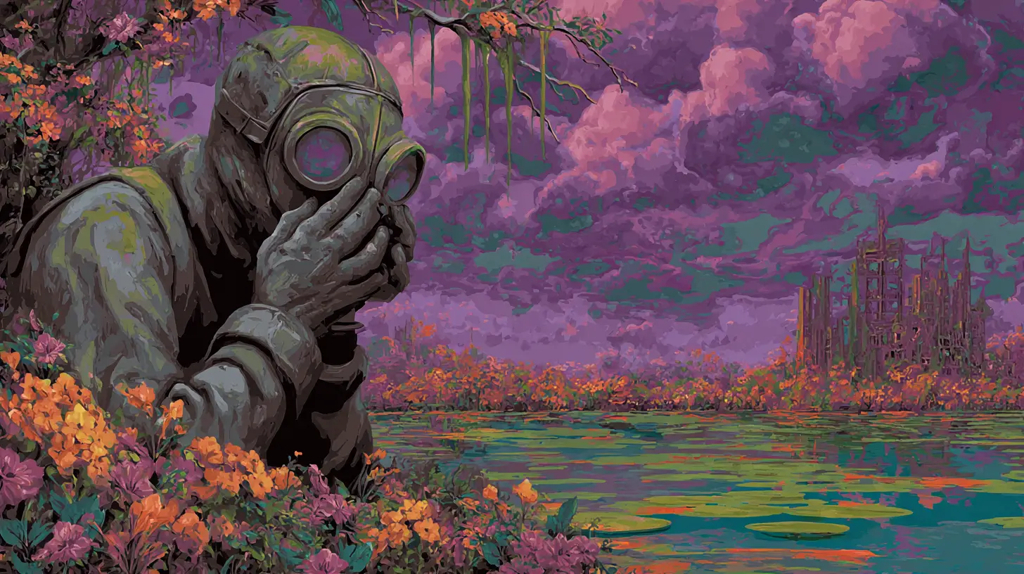 Surreal humanoid in gas mask in toxic dystopian landscape