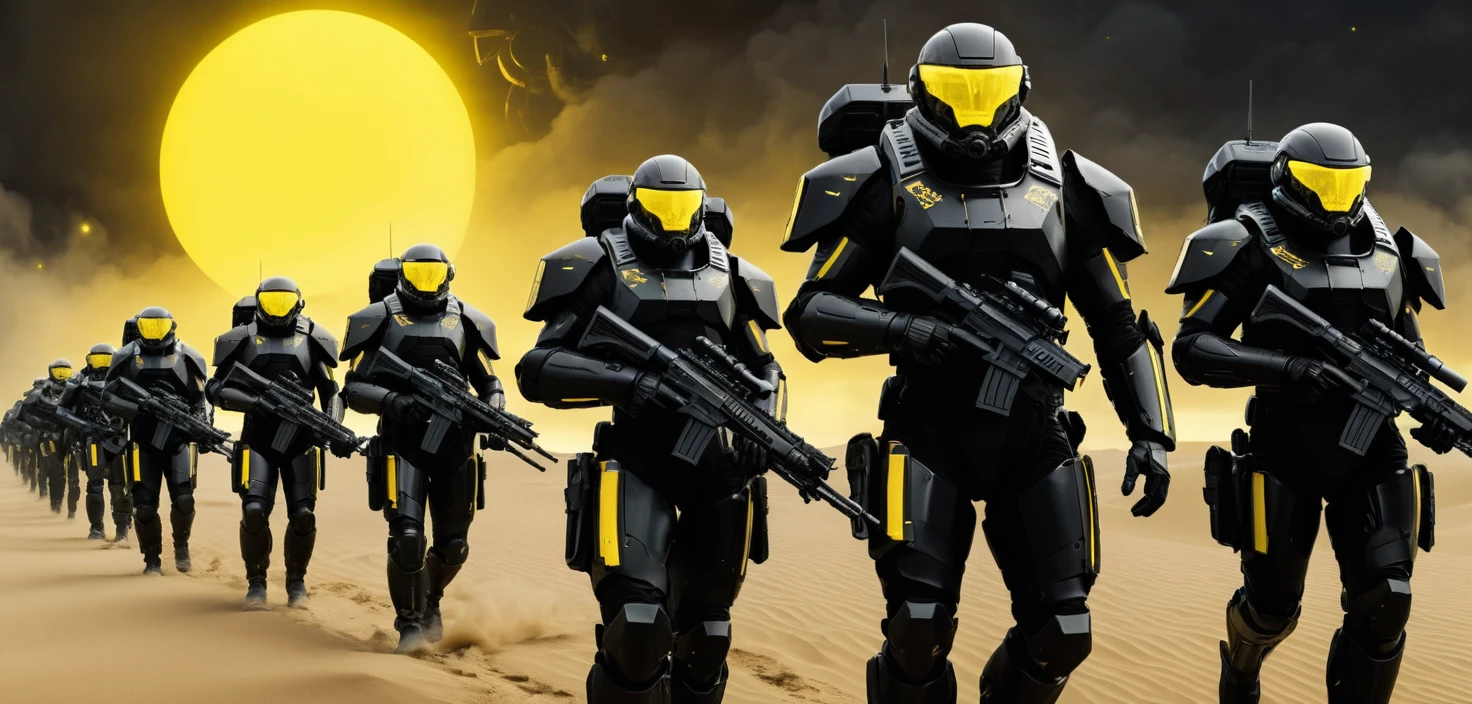 Futuristic army of neon soldiers marching across desert dunes