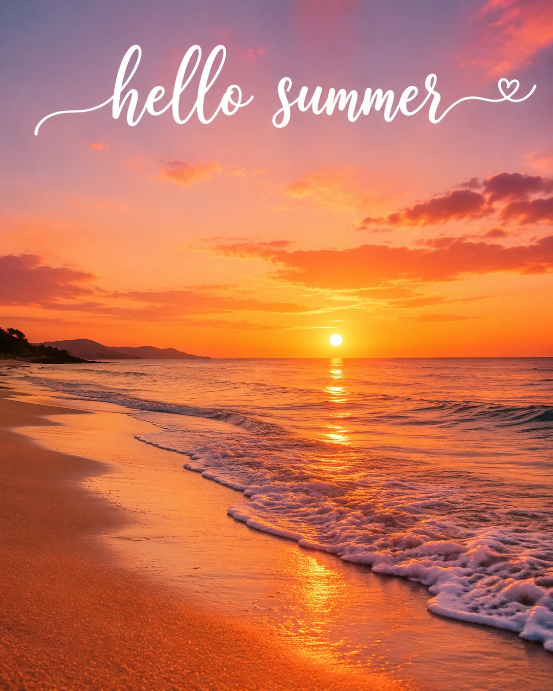 Peaceful sunset beach with gentle waves and summer text