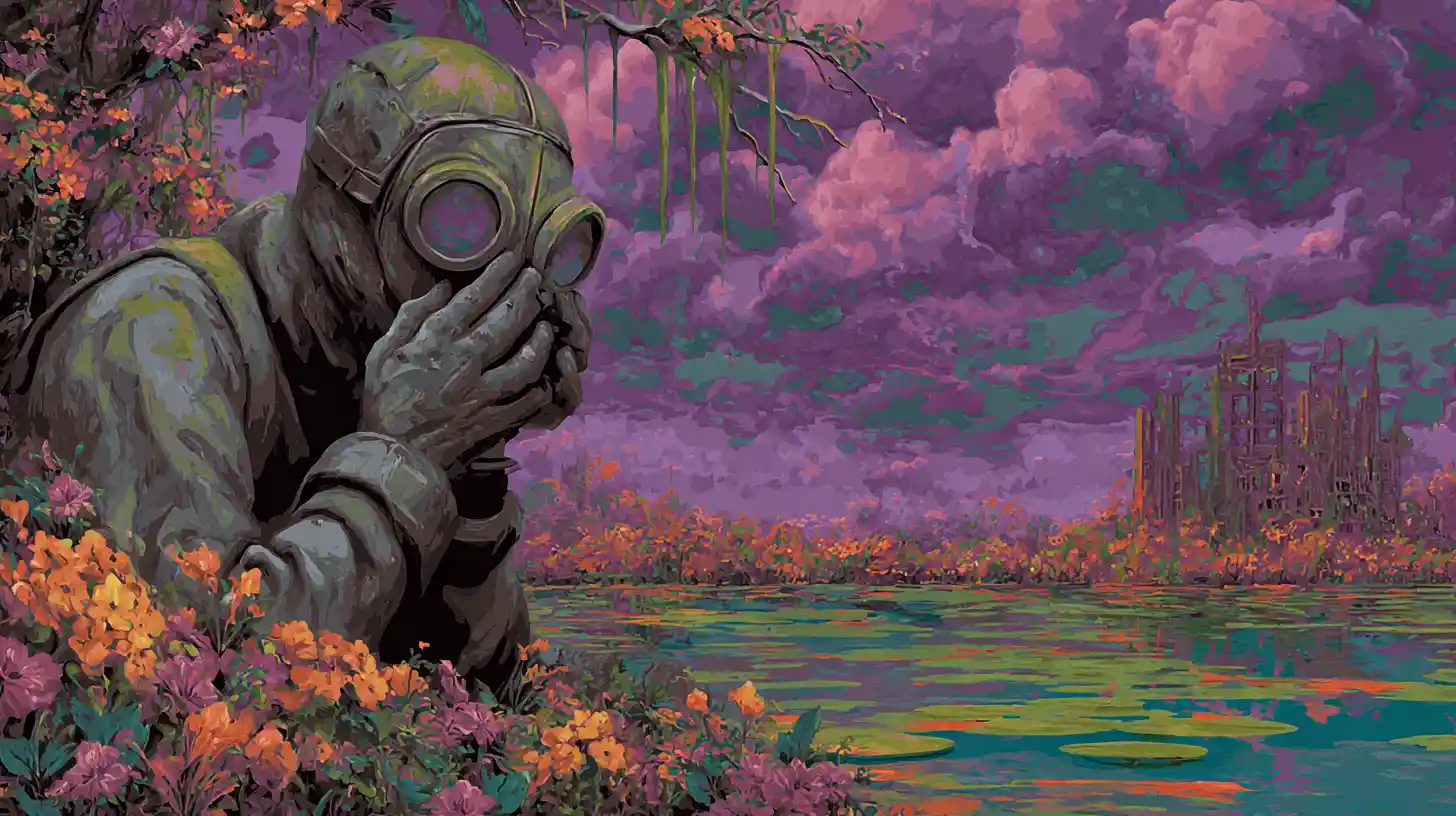 Surreal humanoid in gas mask in toxic dystopian landscape