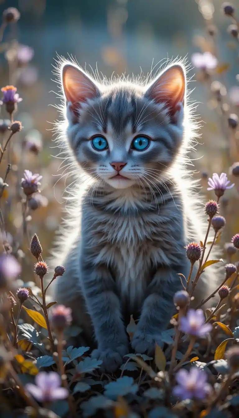 Kitten Among Dry Flowers And Grass In Warm Sunlight