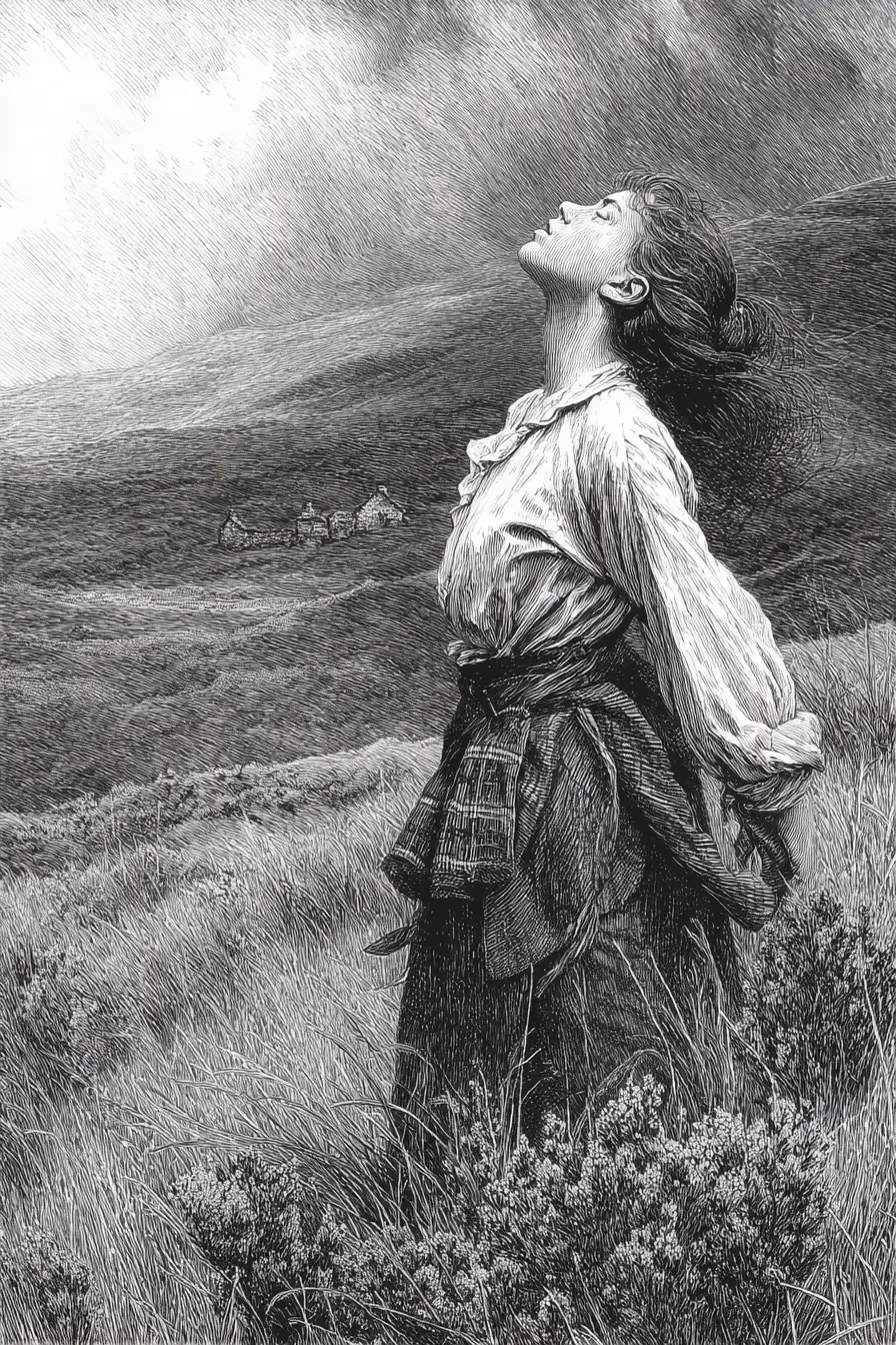 Highland girl with ear trumpet in windswept heather
