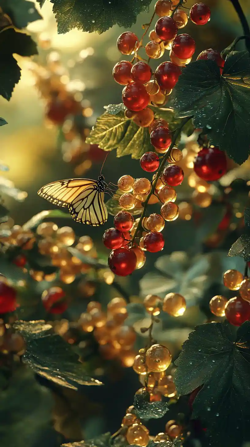 Sunlit glass like berries in a lush green garden