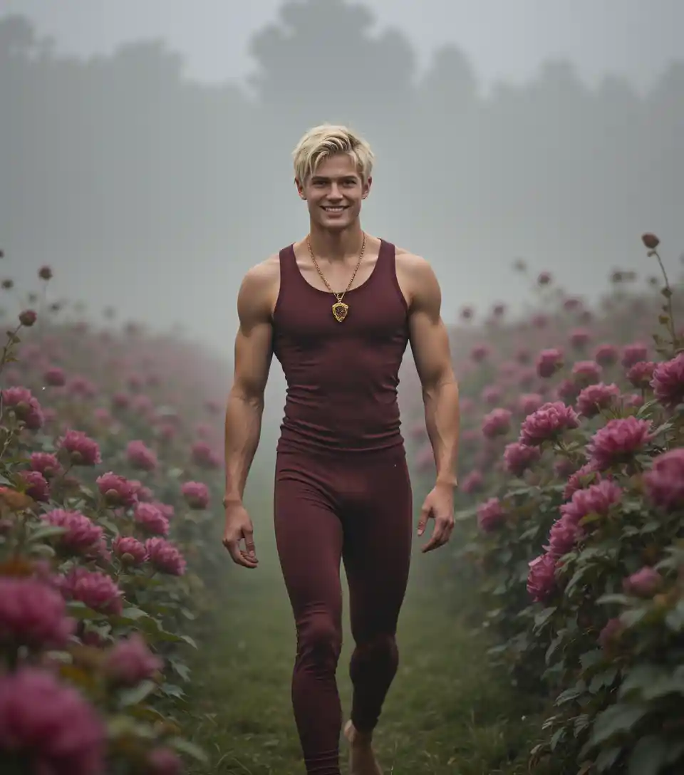 Blond muscular young man walking barefoot in flower field