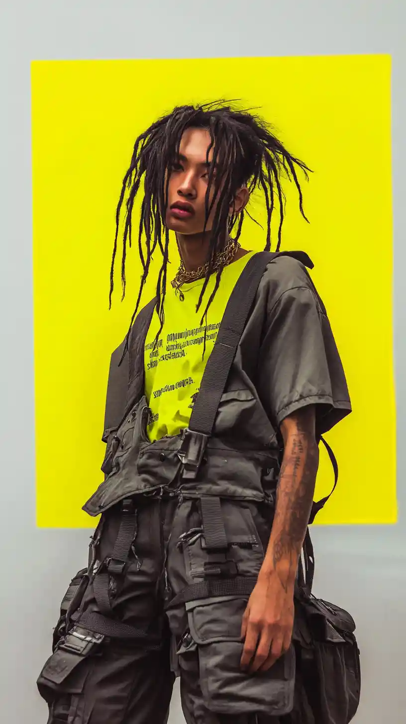 Androgynous figure in neon streetwear amid bold paint splashes