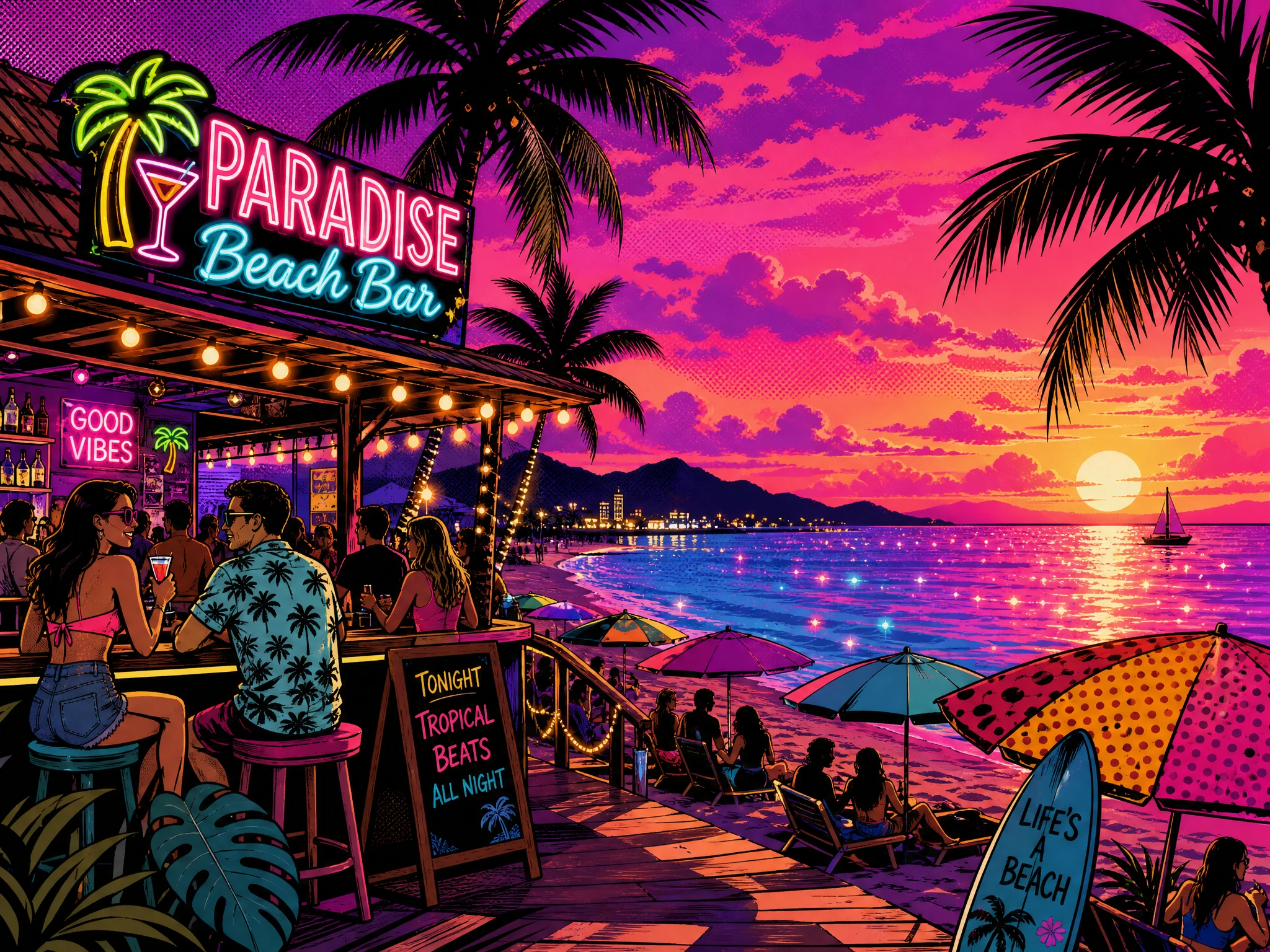 Pop art tropical beach bar at colorful sunset