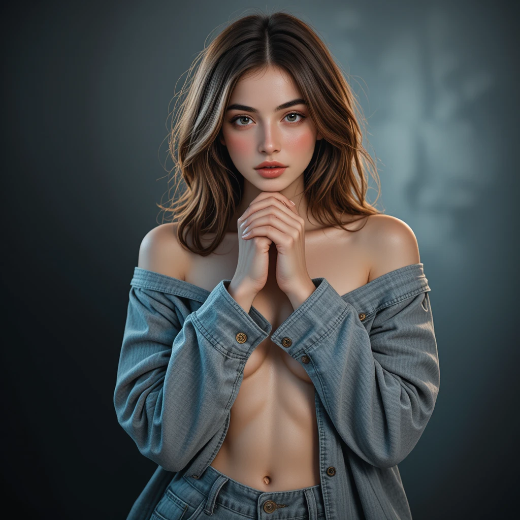 Asian woman in denim jacket with intense studio gaze
