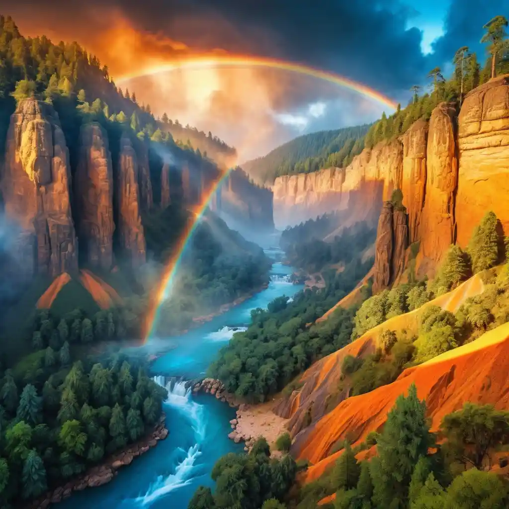 Fantasie-Canyon bei Sonnenaufgang mit Wasserfällen und leuchtenden Klippen
