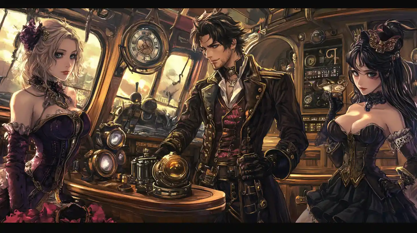 Steampunk airship bridge with captain crew and automaton