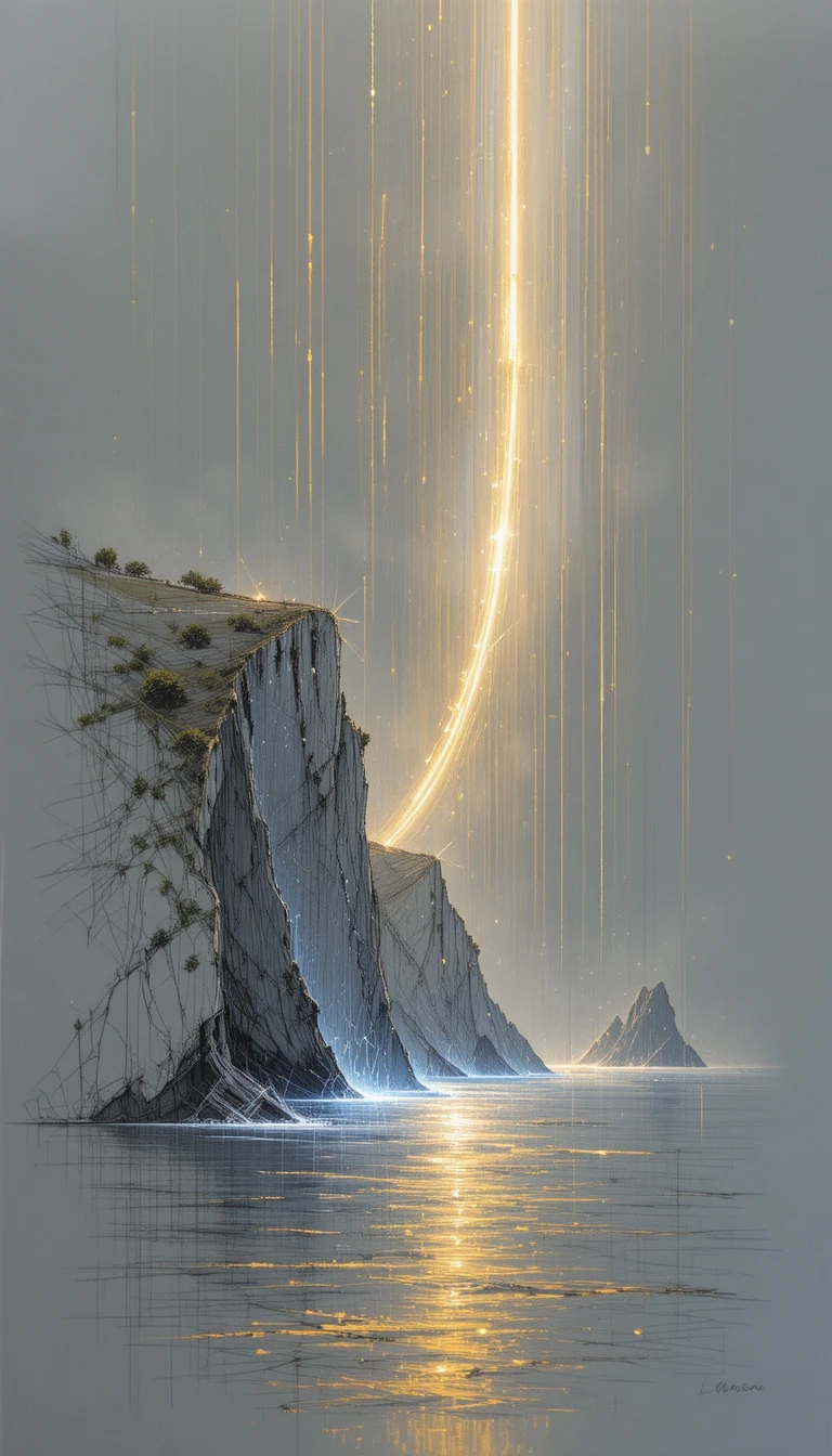 Delicate line drawing of a seaside cliff against gray background