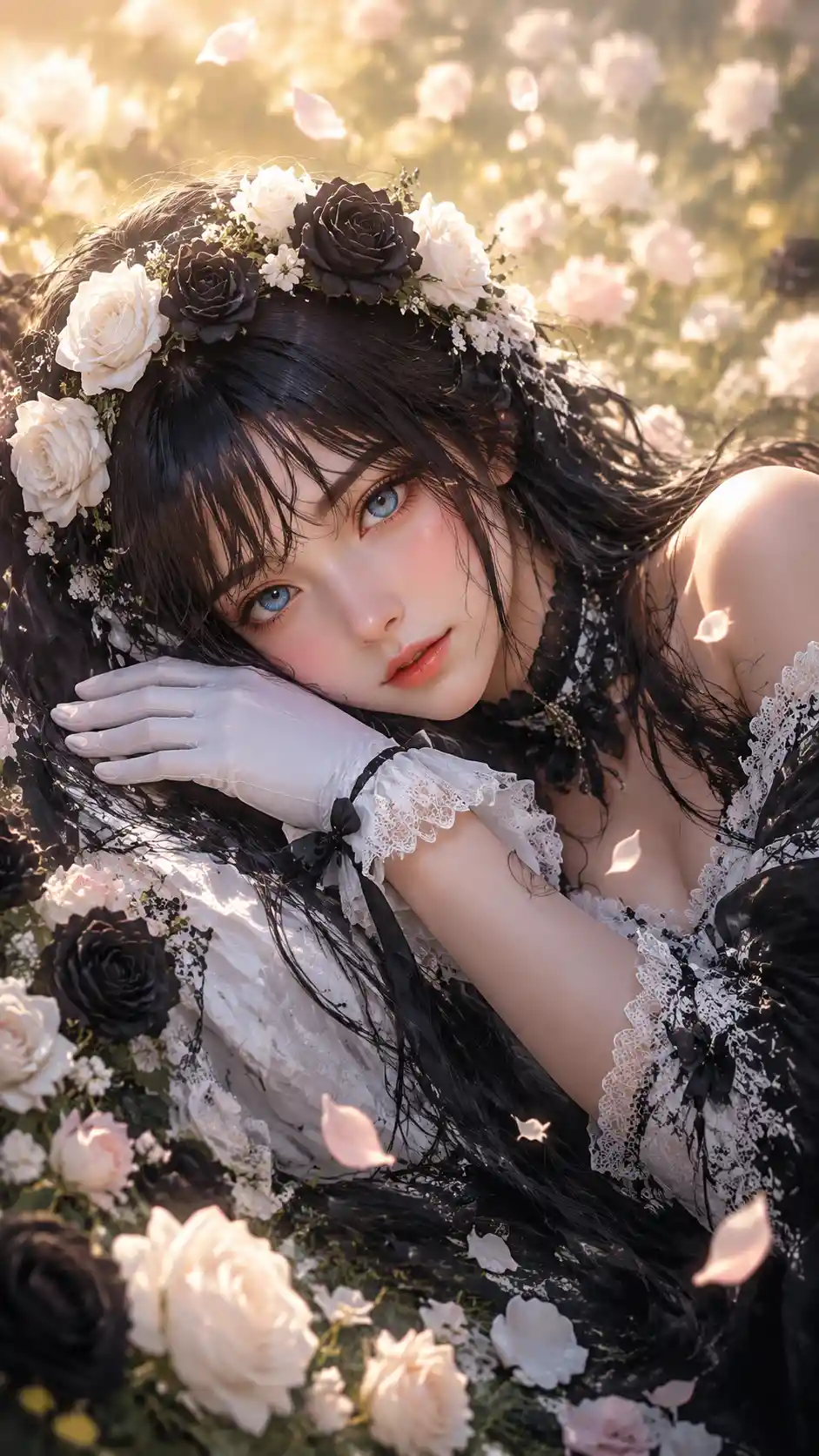 Young woman in black and white dress in flower meadow