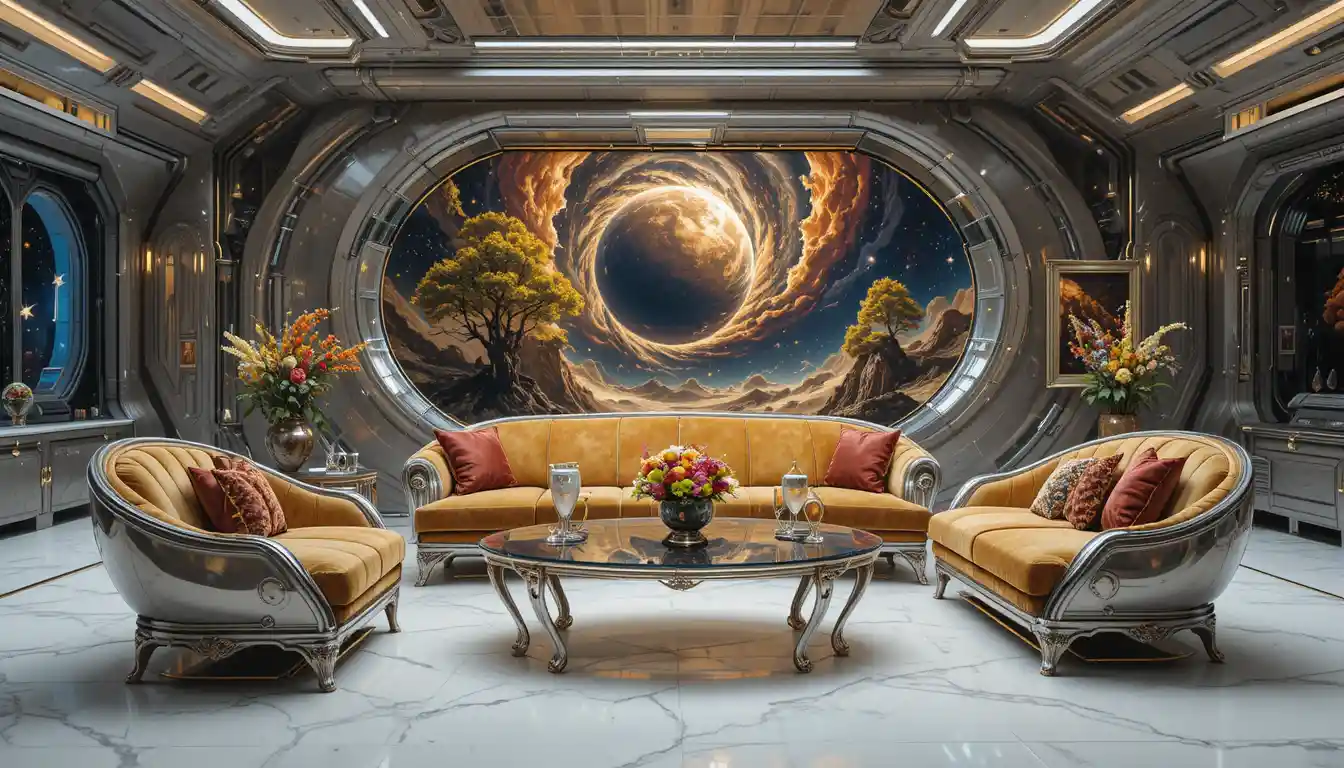 Futuristic baroque red sofa before swirling cosmic painting
