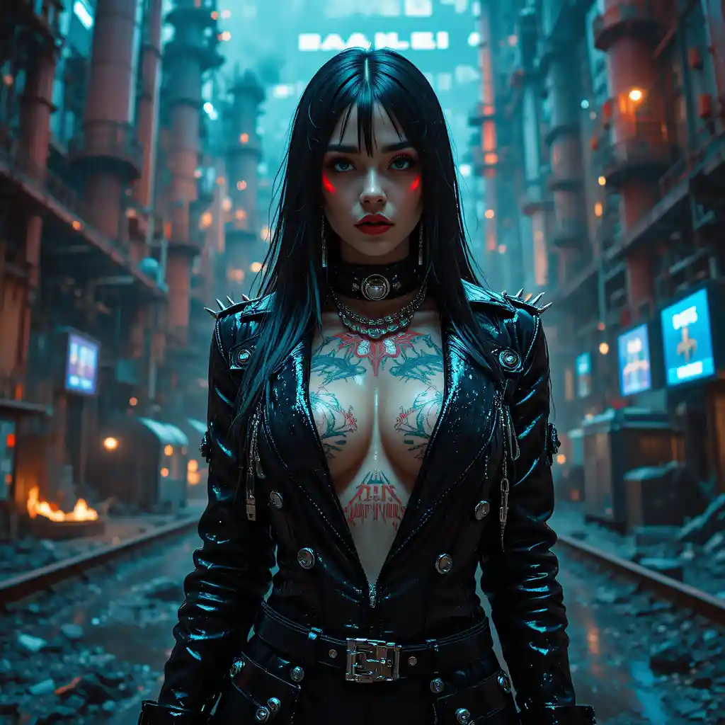 Cyberpunk femme fatale in rain soaked industrial refinery