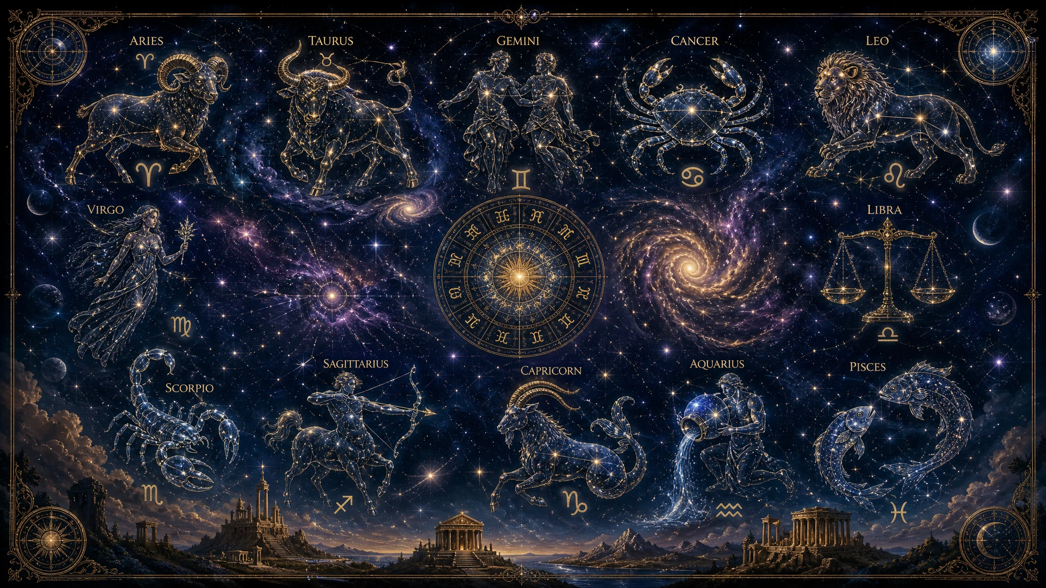 Zodiac signs arranged across the star filled night sky