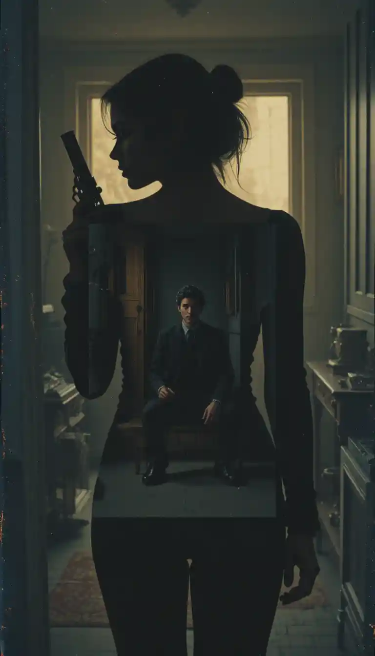 Double exposure profile of armed woman in silhouette