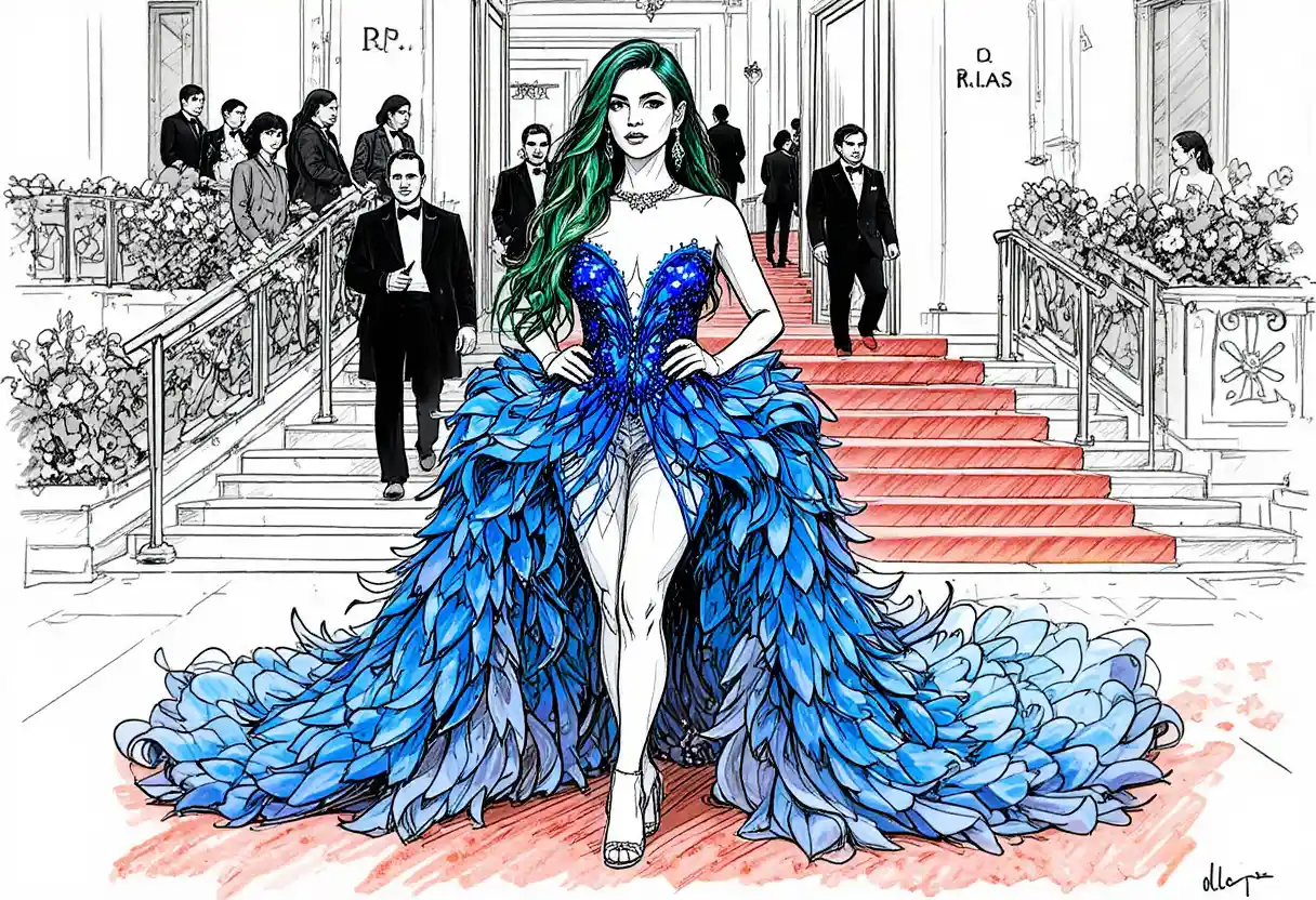 Glamorous woman in blue feather dress on red carpet