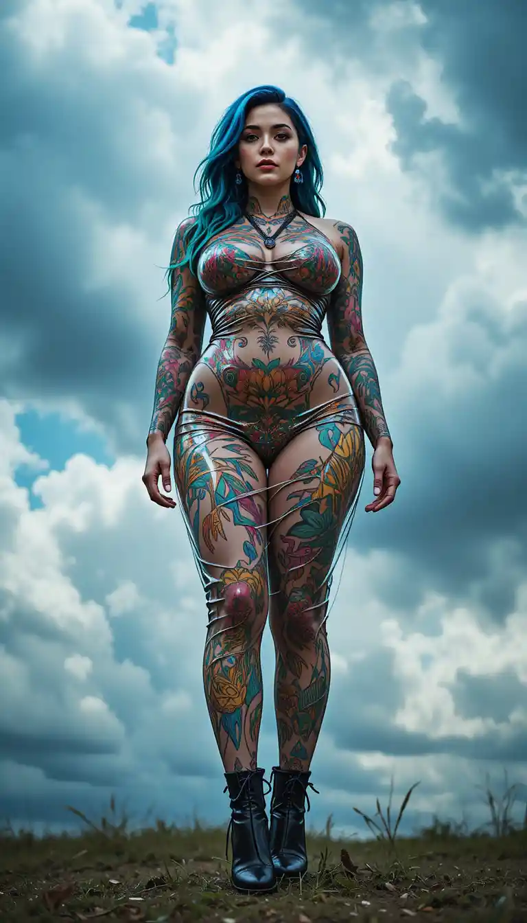 Tattooed woman in sheer latex dress under cloudy sky