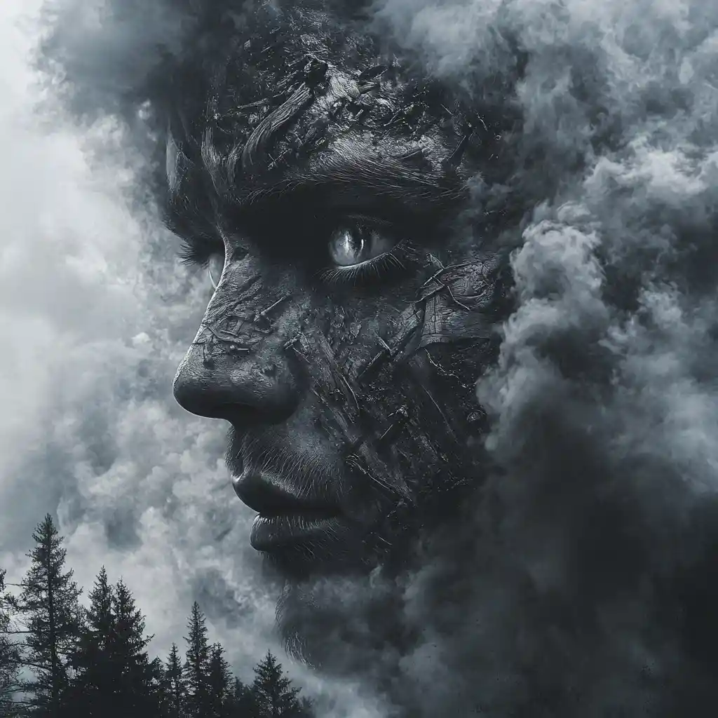 Close up sorrowful face in smoke and dark pine forest