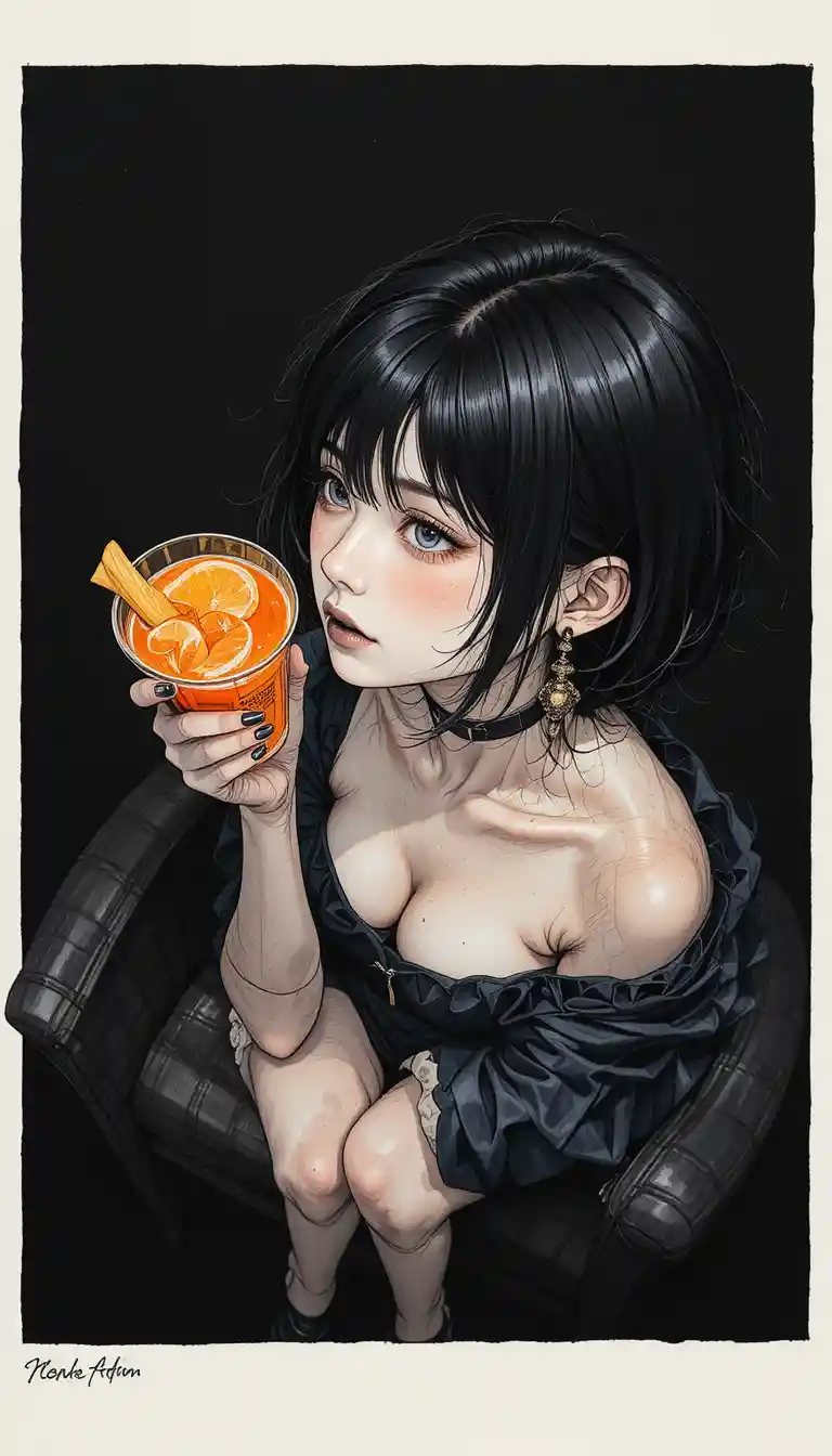 Woman with black lips holding an orange cocktail