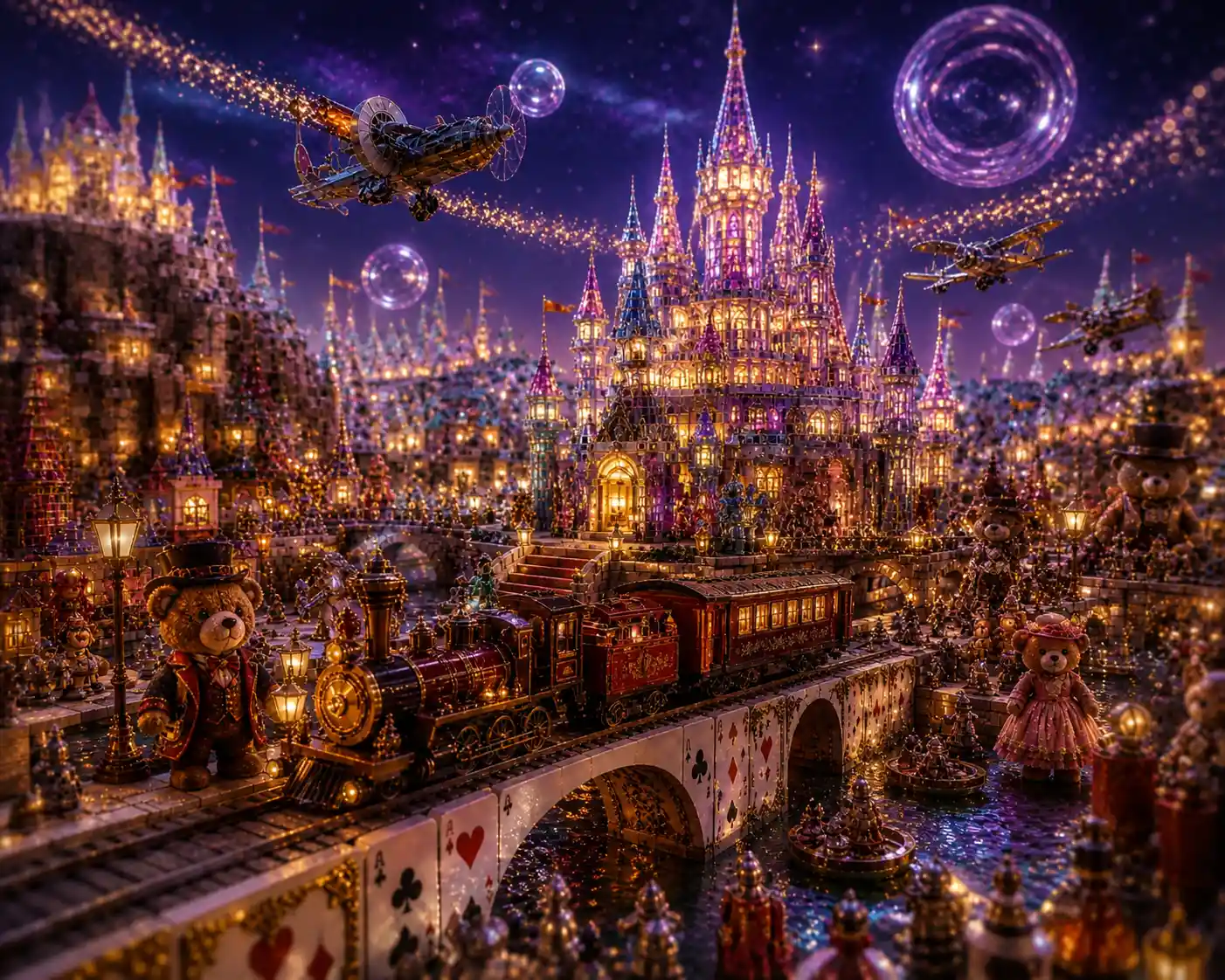 Toy metropolis night scene with glowing crystal brick castle